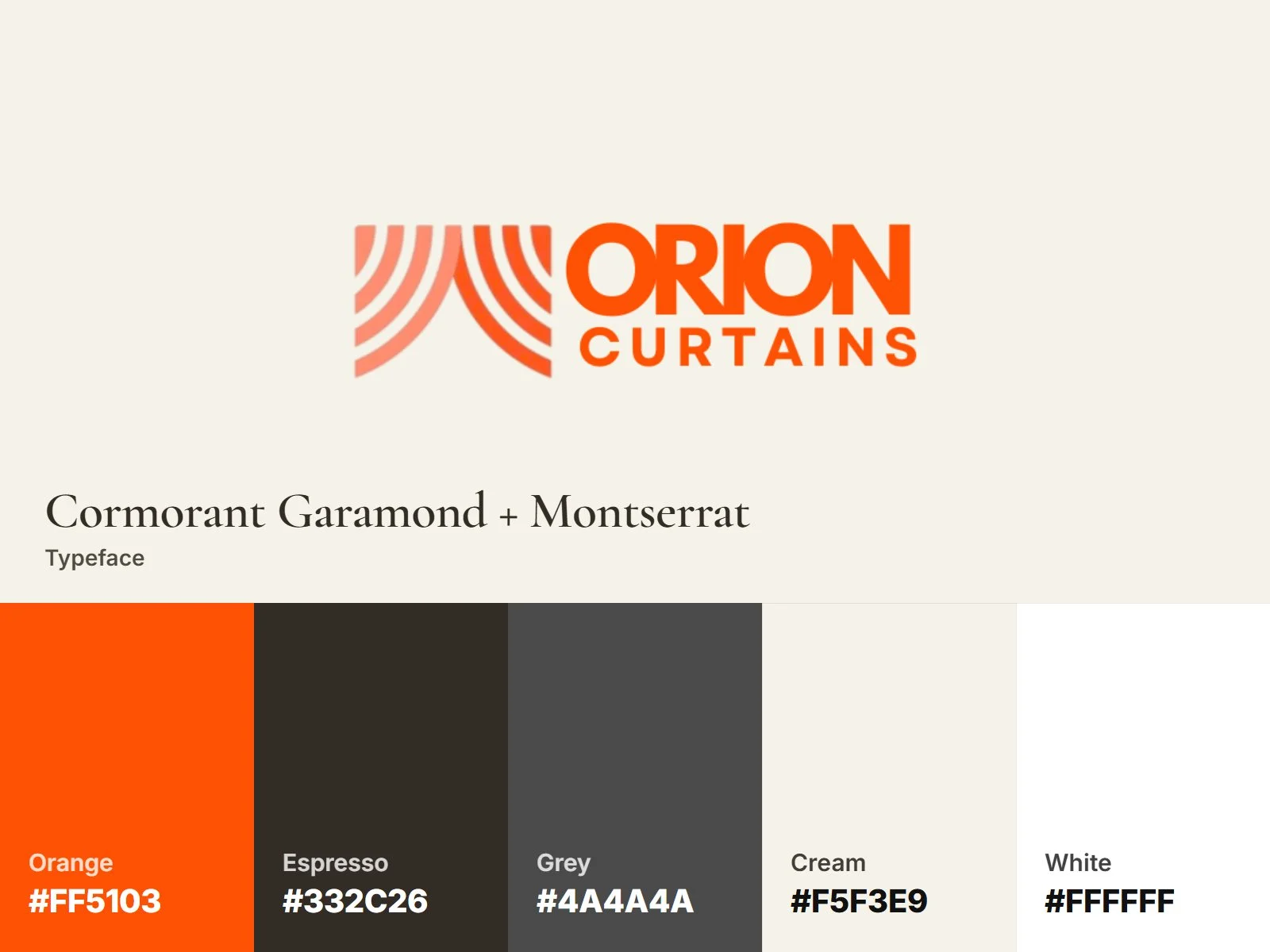 Orion Curtains brand identity: curtain-fold logo, orange and cream palette, Cormorant Garamond and Montserrat