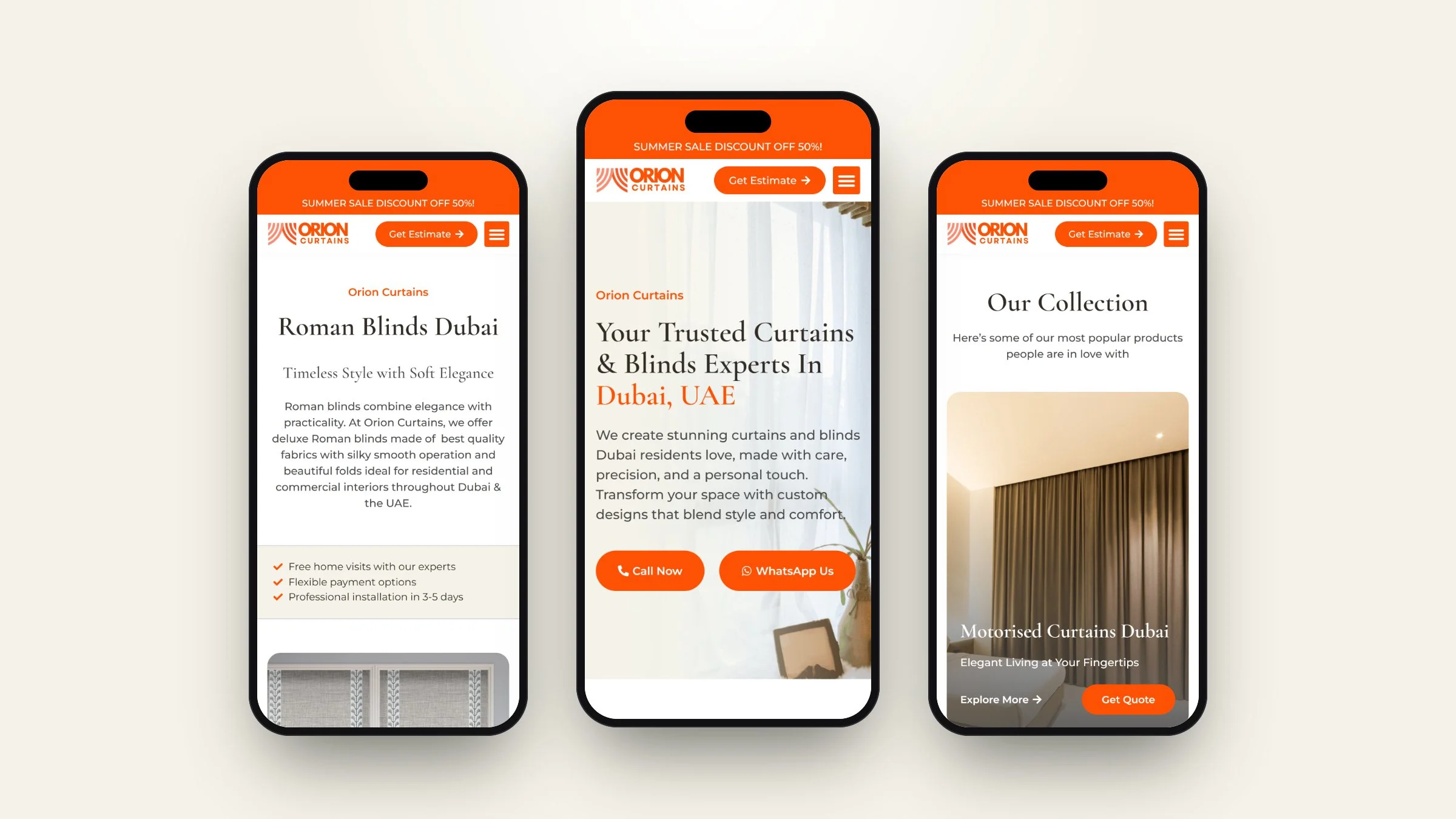 Orion Curtains on mobile: a product page, the home page and motorised curtains