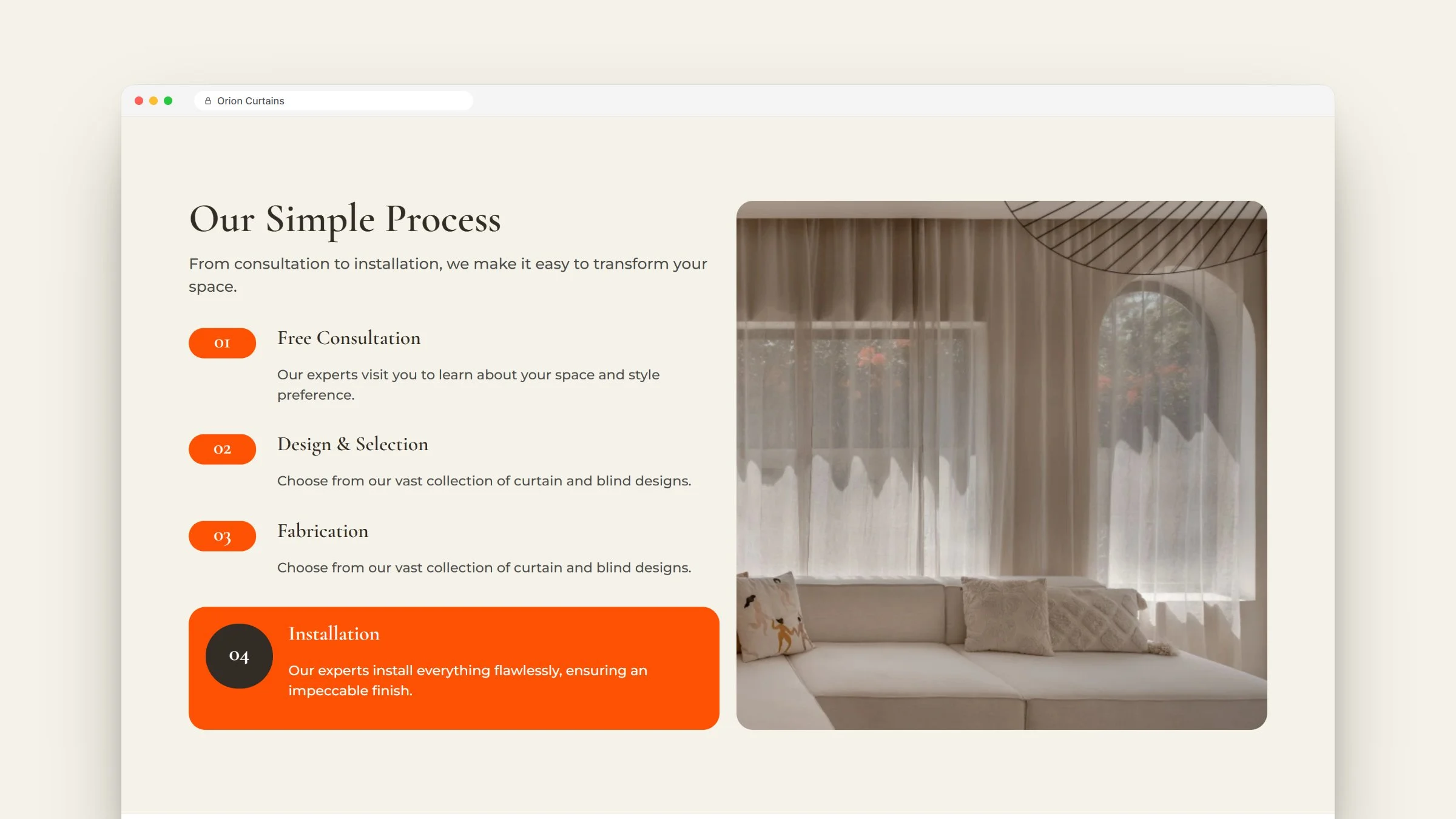 Orion Curtains four-step process and the areas it serves in Dubai and Abu Dhabi