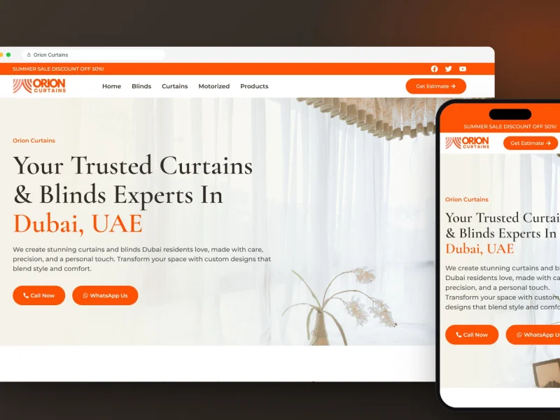 Orion Curtains curtains and blinds website on desktop and mobile, designed and built by RapiX Solutions