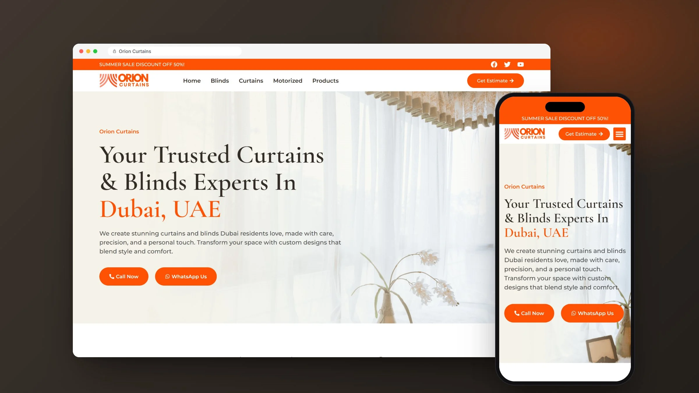 Orion Curtains curtains and blinds website on desktop and mobile, designed and built by RapiX Solutions