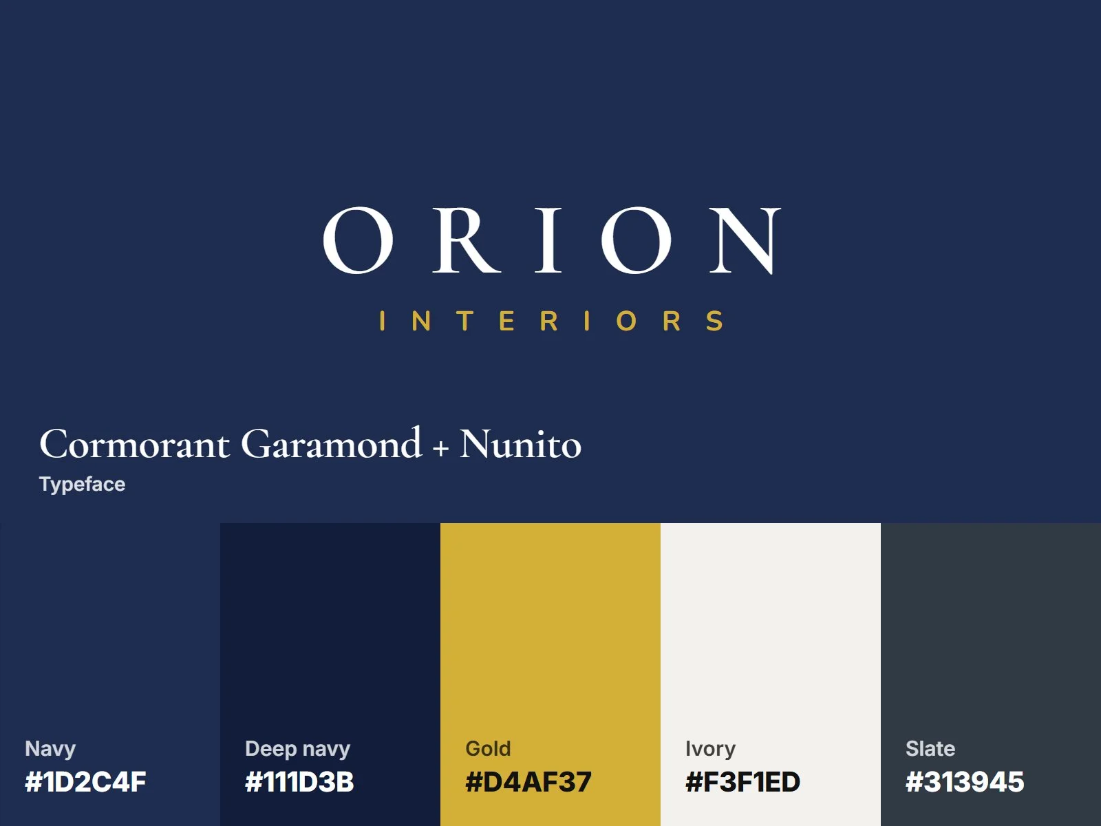 Orion Interiors brand identity: serif wordmark, navy and gold palette, Cormorant Garamond type