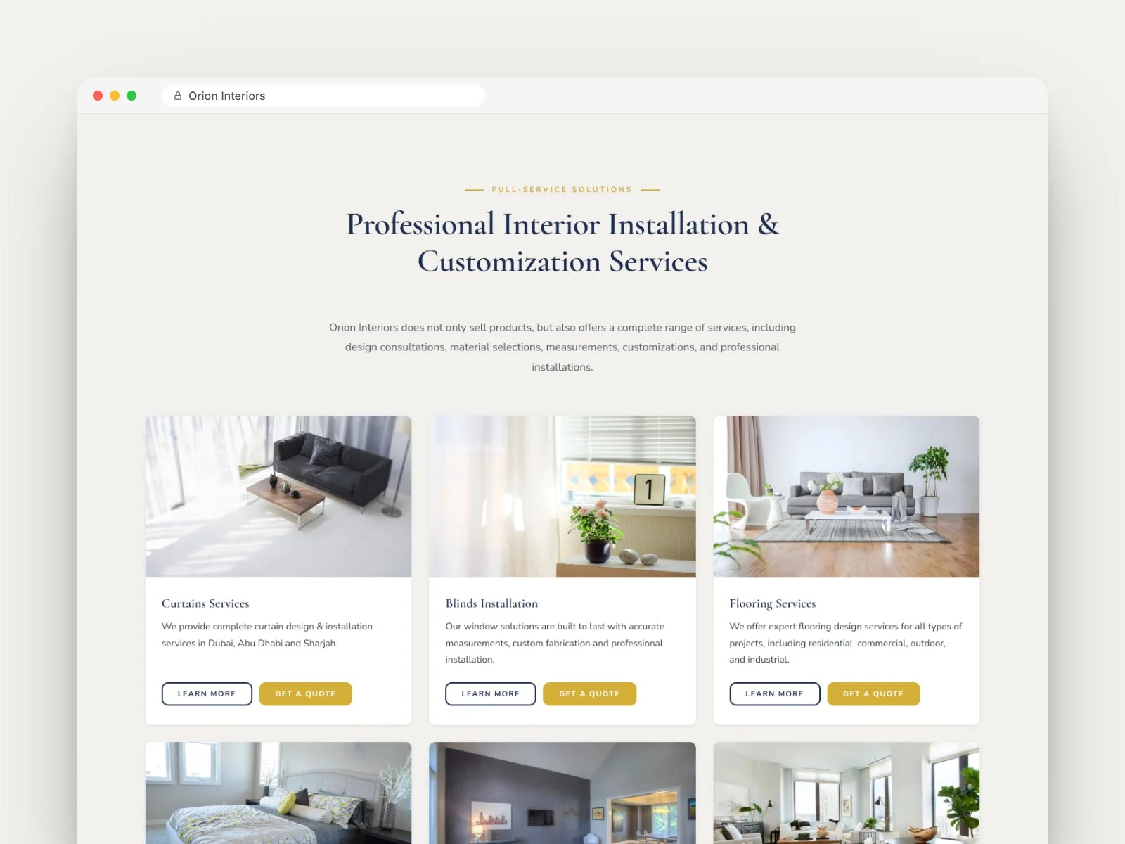 Orion Interiors installation services, from curtains to artificial grass, shown with sample photos