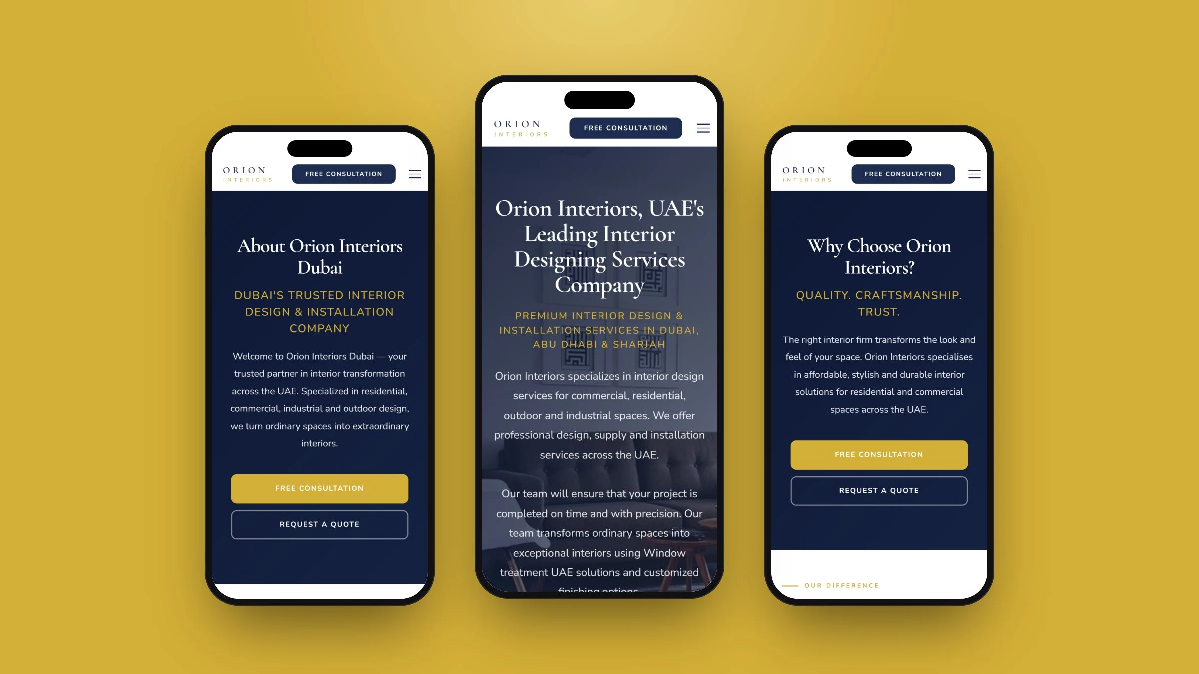 Orion Interiors on mobile: about, home and why choose us pages