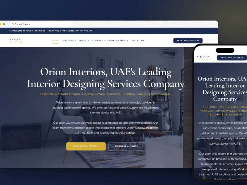 Orion Interiors interior design website on desktop and mobile, designed and built by RapiX Solutions, shown with sample photos