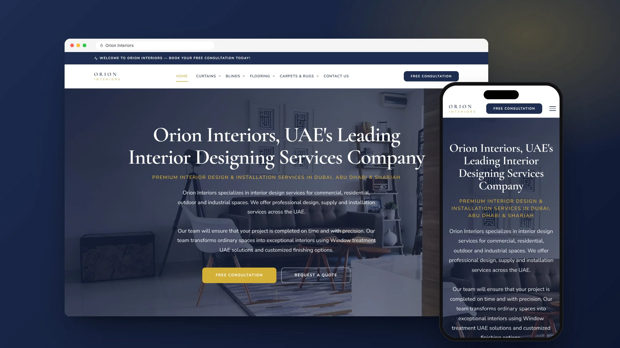Orion Interiors interior design website on desktop and mobile, designed and built by RapiX Solutions, shown with sample photos