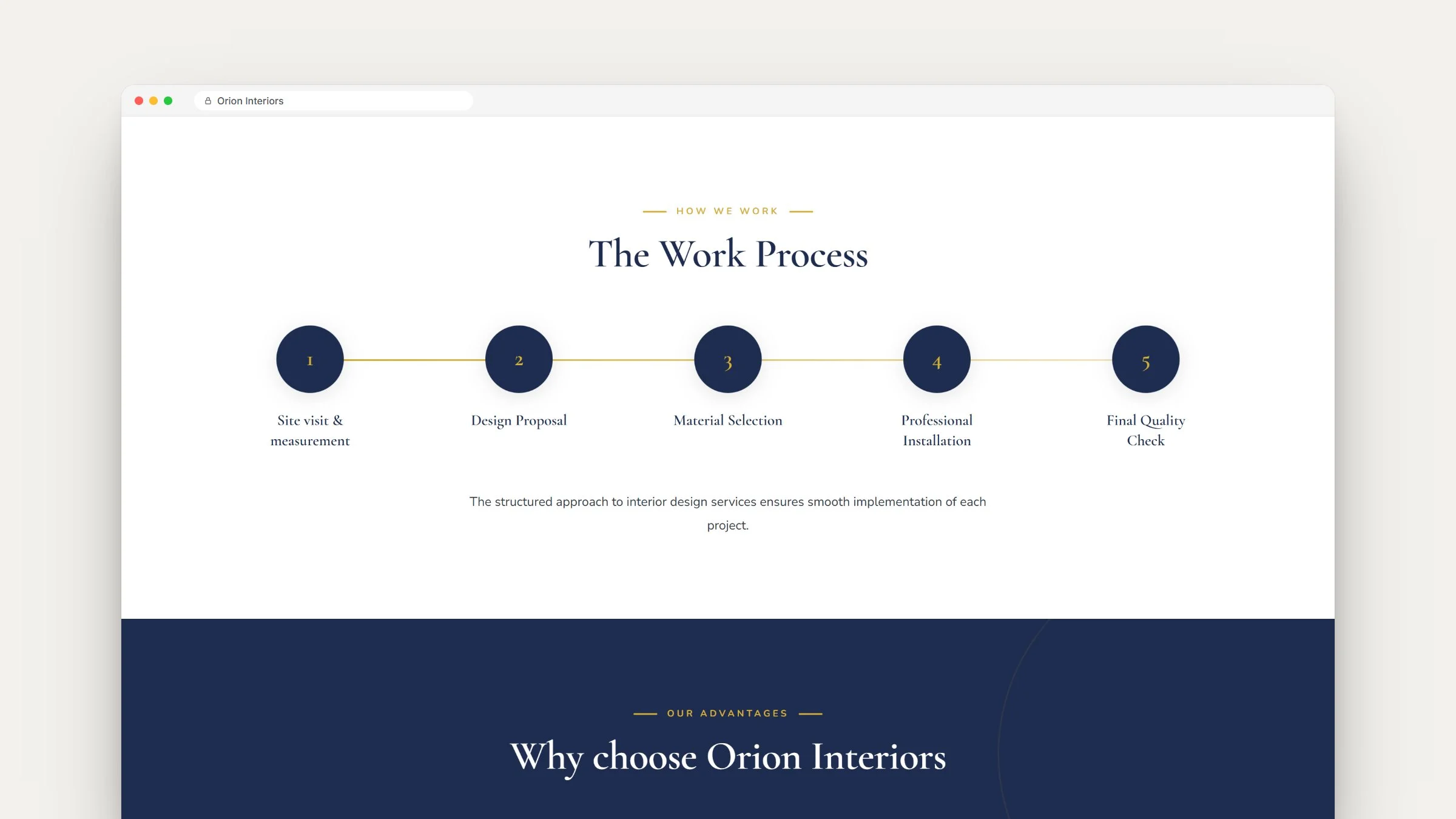Orion Interiors five-step work process, followed by why choose Orion Interiors