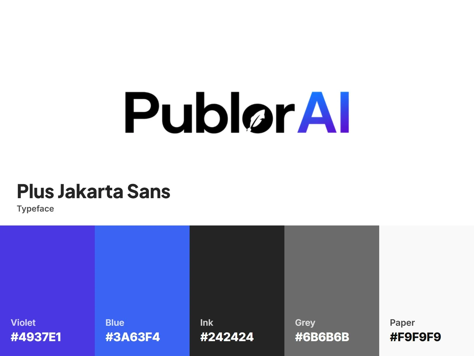 PublorAI brand identity: logo, violet and blue palette, Plus Jakarta Sans