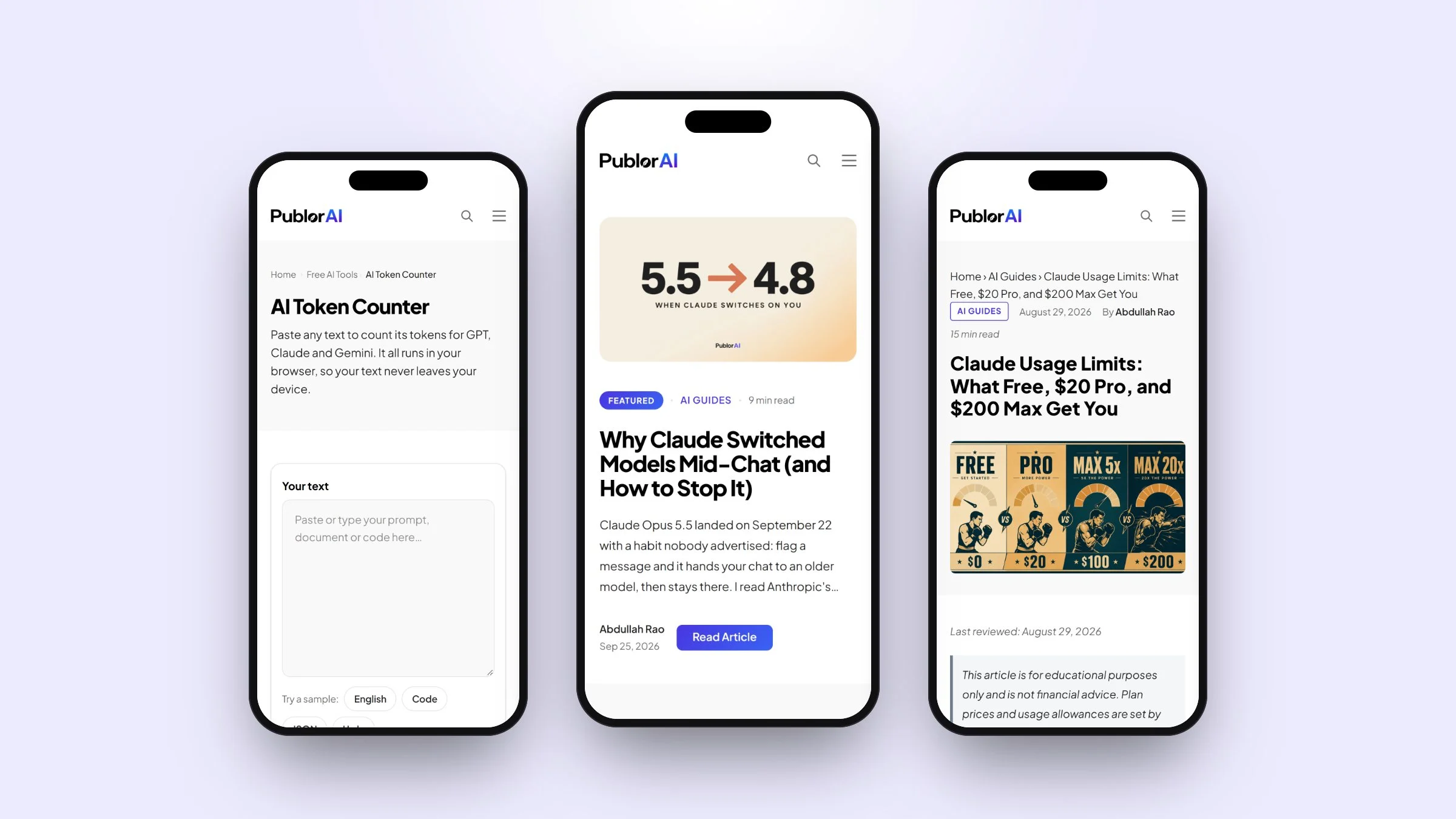 PublorAI on mobile: the token counter, the home page and an article