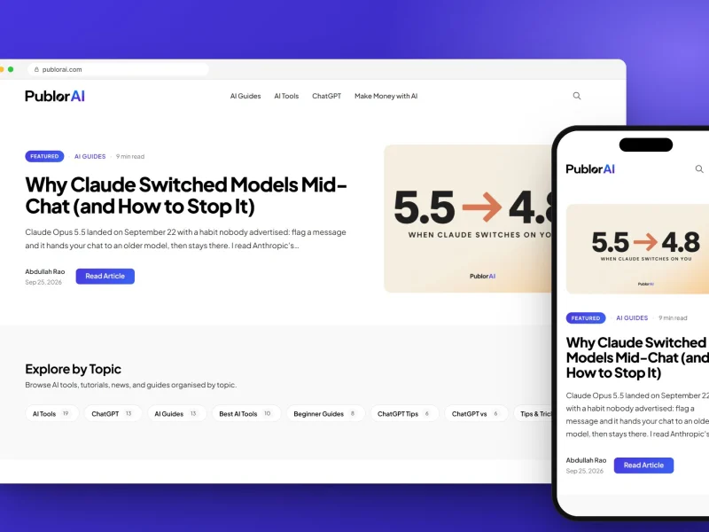 PublorAI after its WordPress to Next.js migration, on desktop and mobile, designed and built by RapiX Solutions
