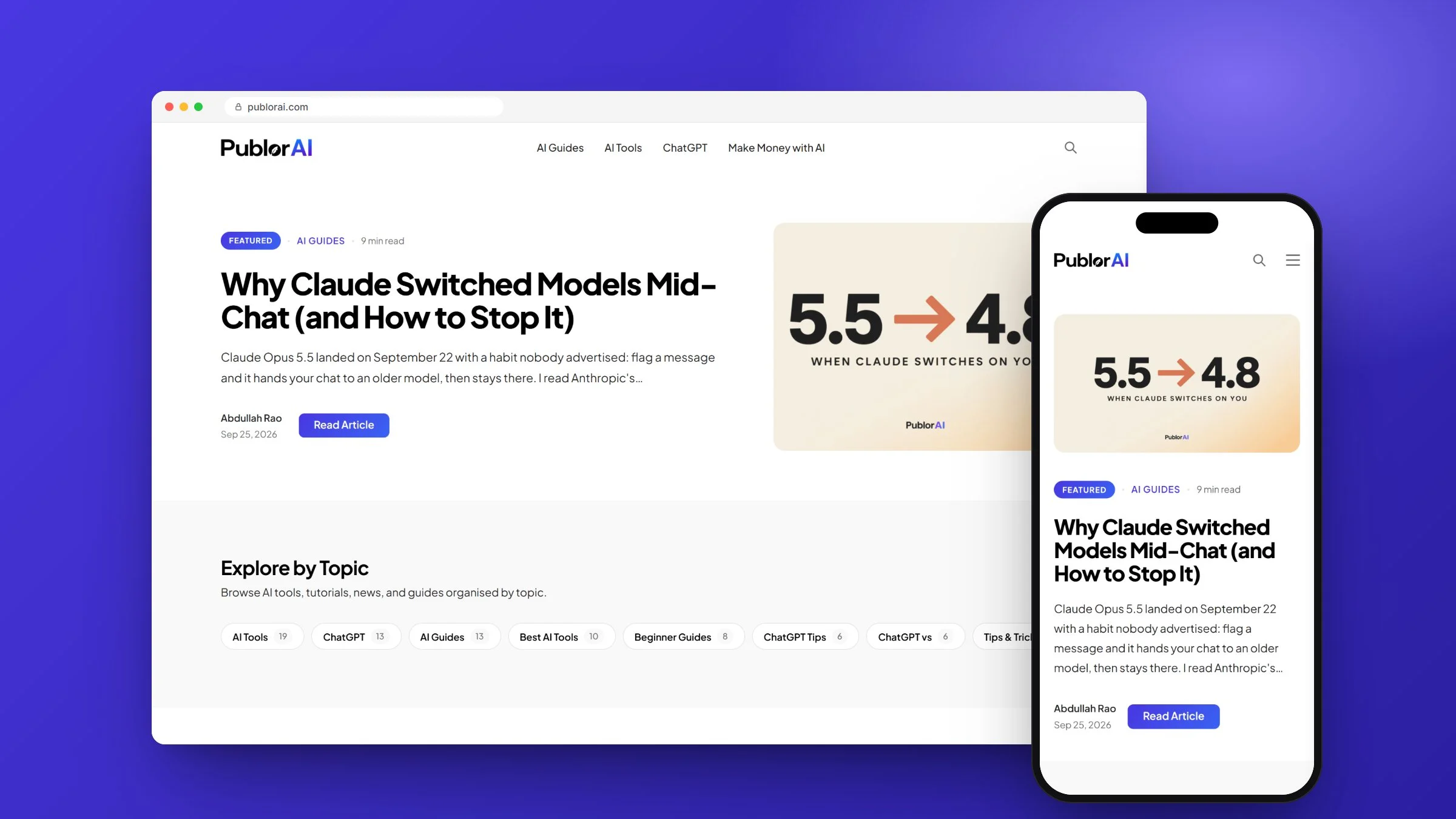 PublorAI after its WordPress to Next.js migration, on desktop and mobile, designed and built by RapiX Solutions