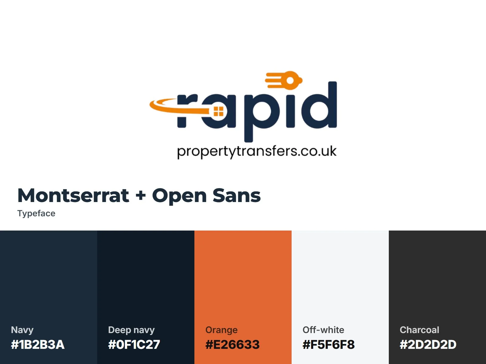 Rapid Property Transfers brand identity: logo, navy and orange palette, Montserrat and Open Sans