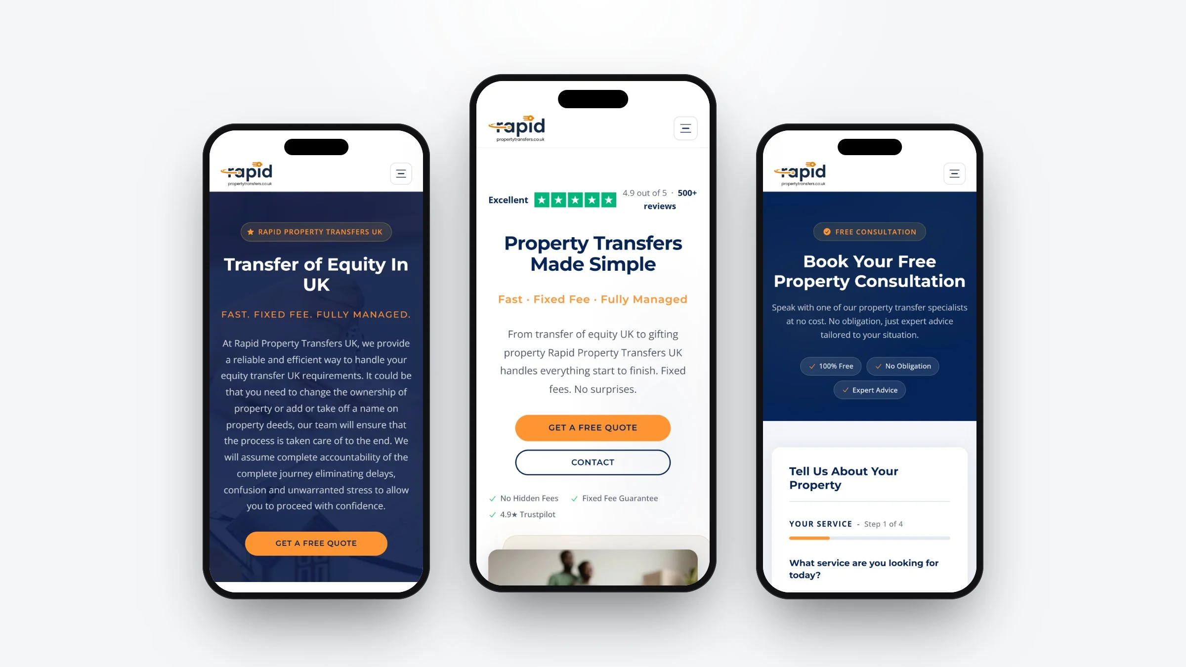 Rapid Property Transfers on mobile: transfer of equity, home and free consultation pages