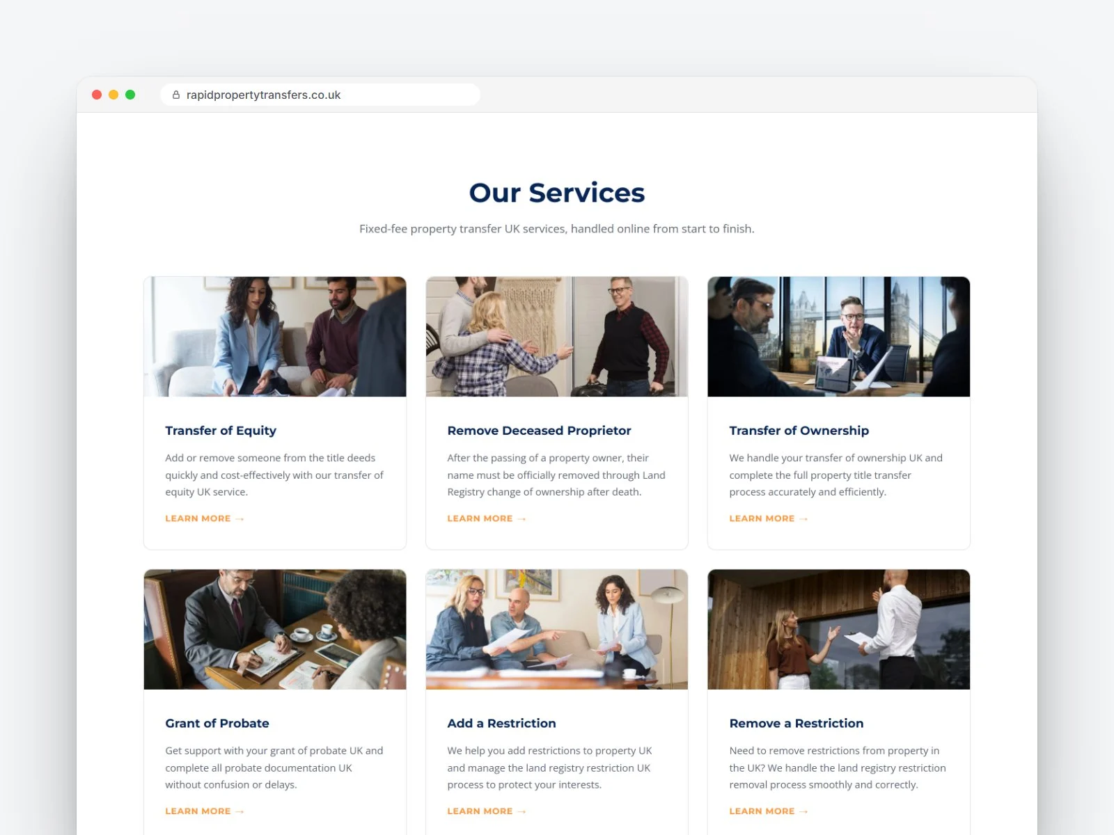 Rapid Property Transfers services section with all eight services
