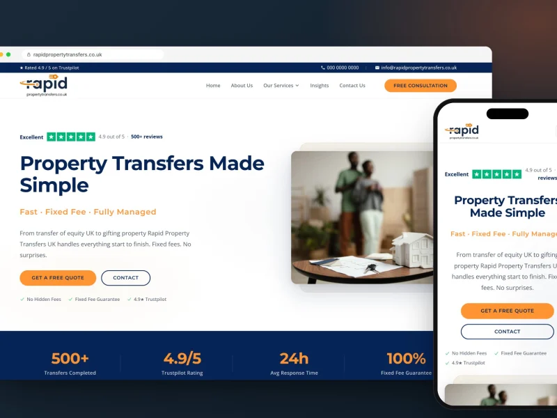 Rapid Property Transfers property transfer website on desktop and mobile, designed and built by RapiX Solutions