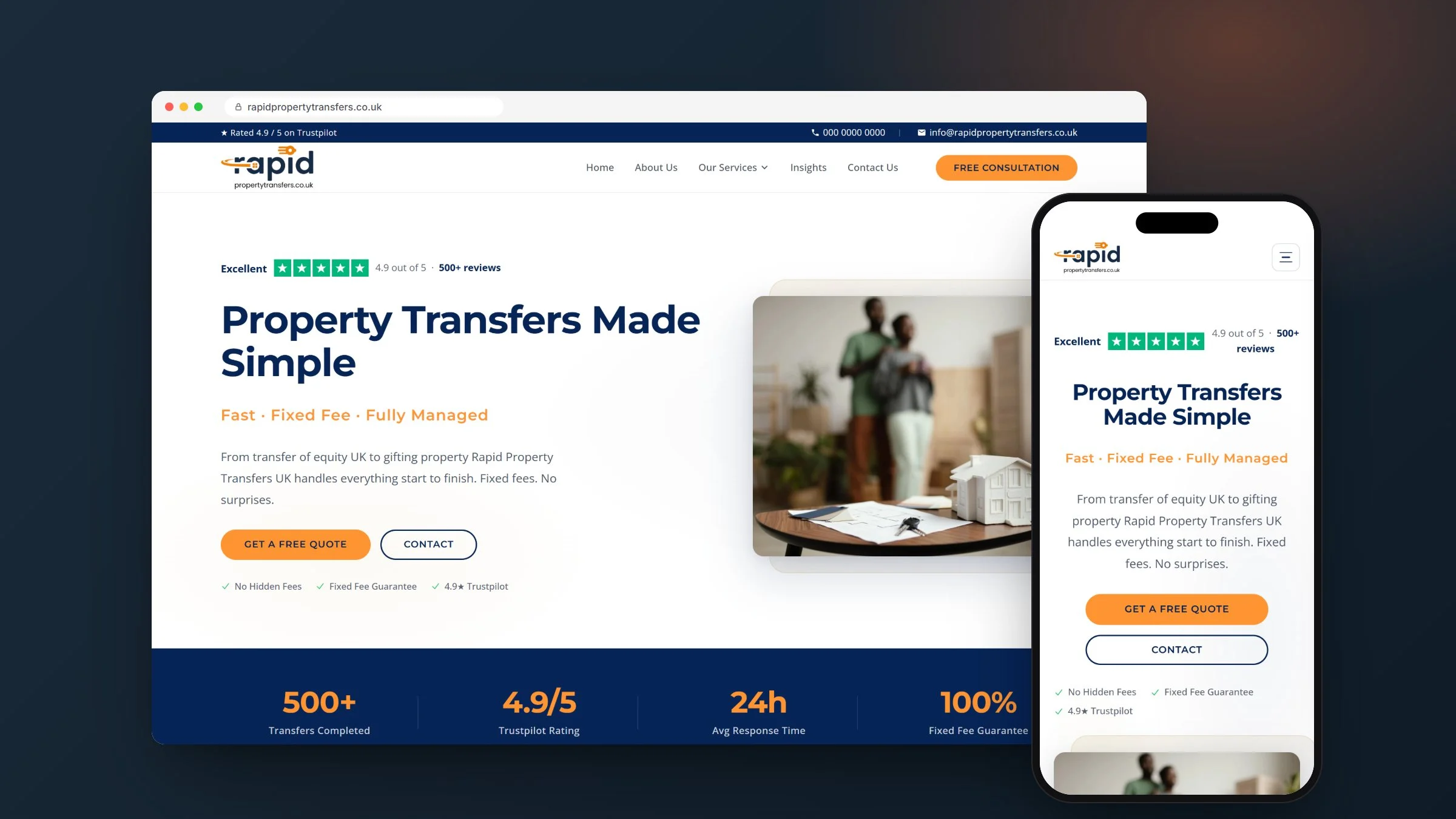 Rapid Property Transfers property transfer website on desktop and mobile, designed and built by RapiX Solutions