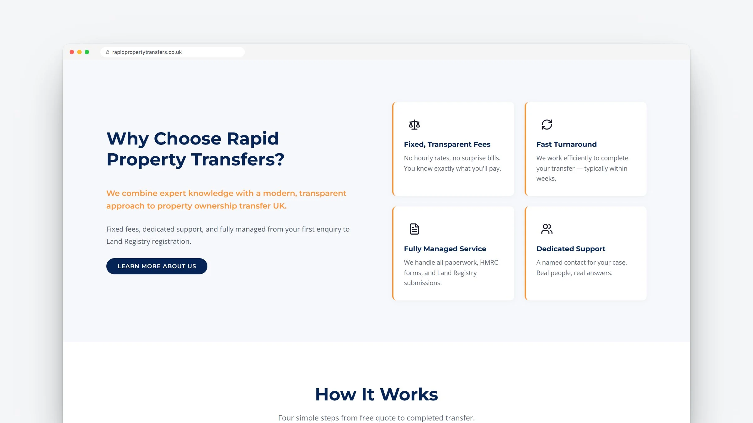 Rapid Property Transfers why choose us and the four-step how it works section