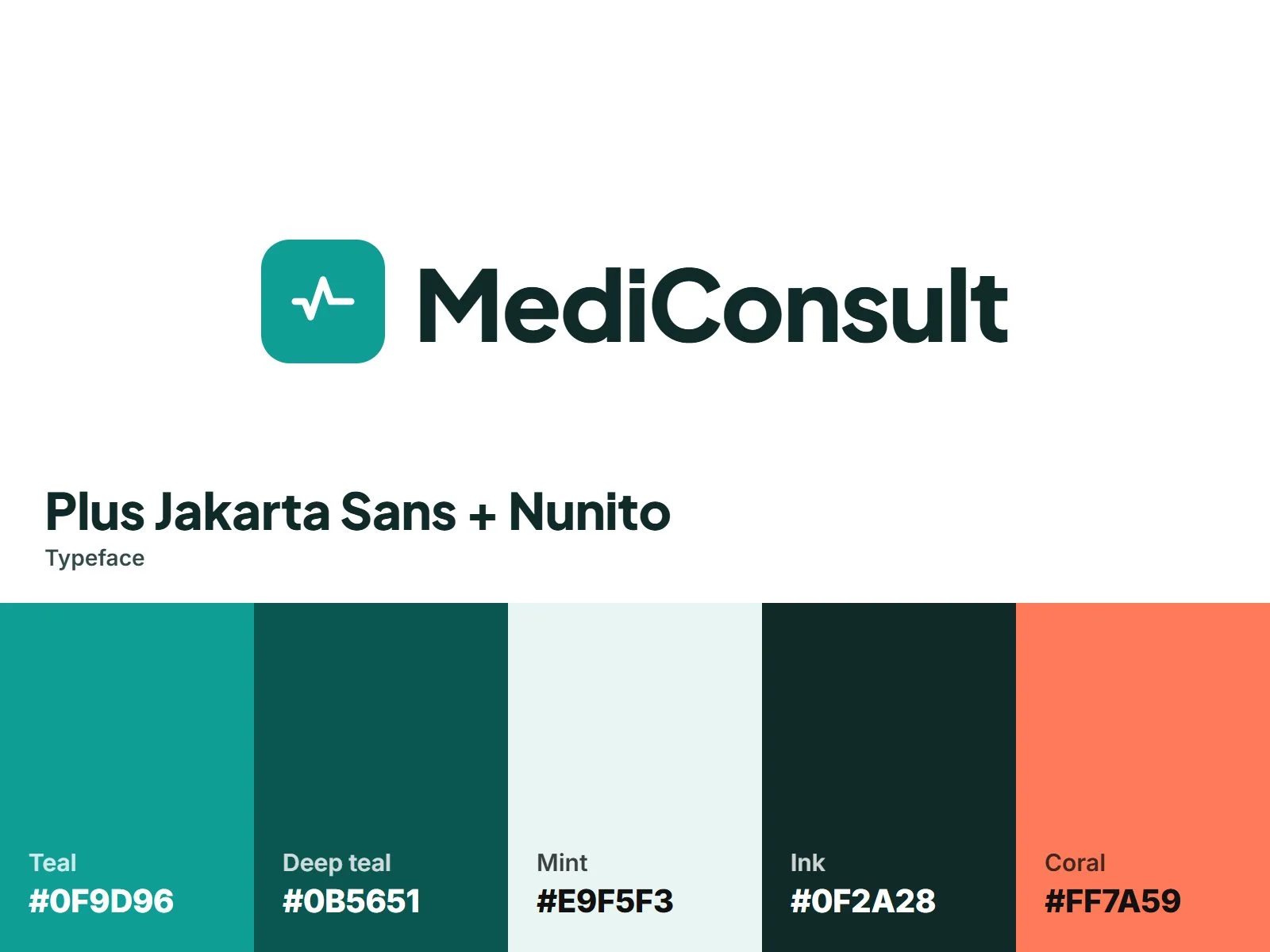 Telehealth platform brand identity: pulse logo, teal palette, Plus Jakarta Sans and Nunito