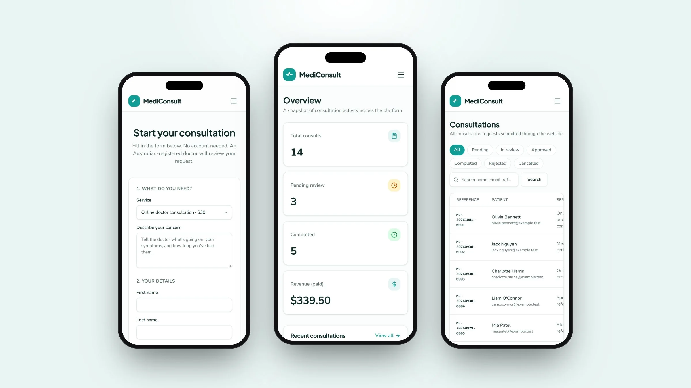 Telehealth platform on mobile: the consultation form, the dashboard overview and the consultations list