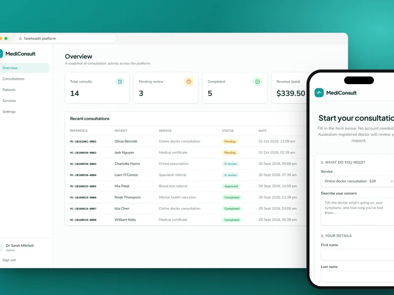 Telehealth platform development: the dashboard and consultation form, designed and built by RapiX Solutions, shown with sample data