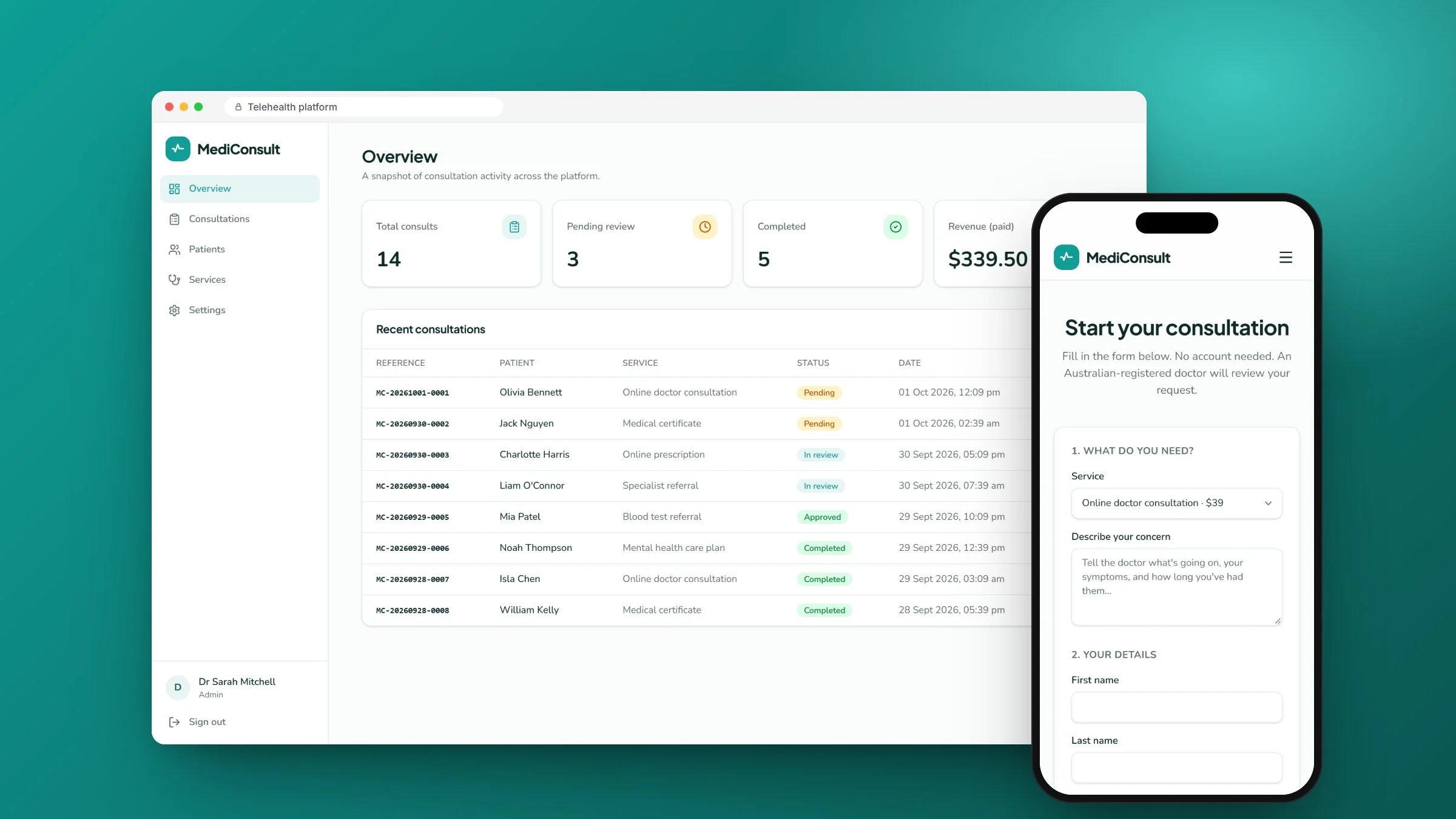 Telehealth platform development: the dashboard and consultation form, designed and built by RapiX Solutions, shown with sample data